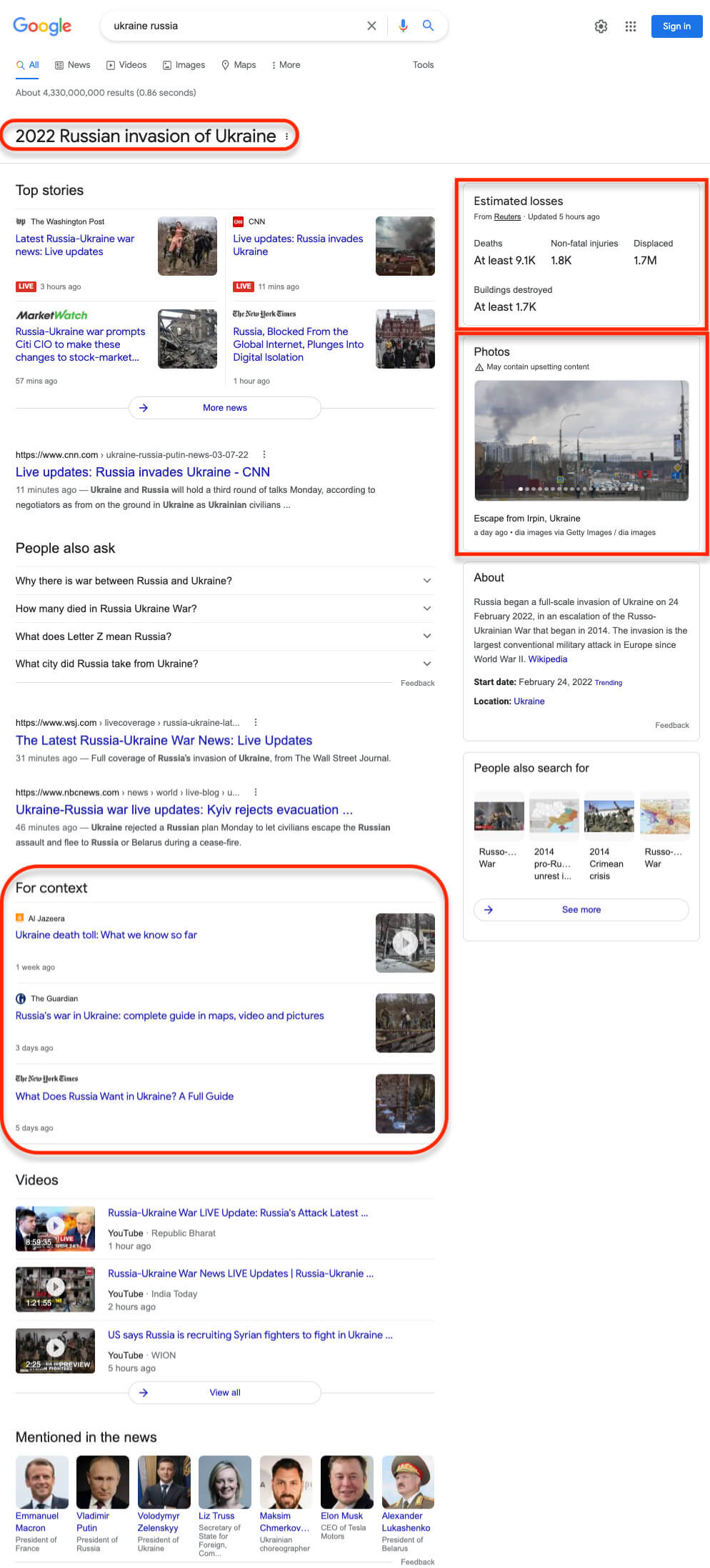 Google's 2022 Russian invasion of Ukraine search results page on desktop