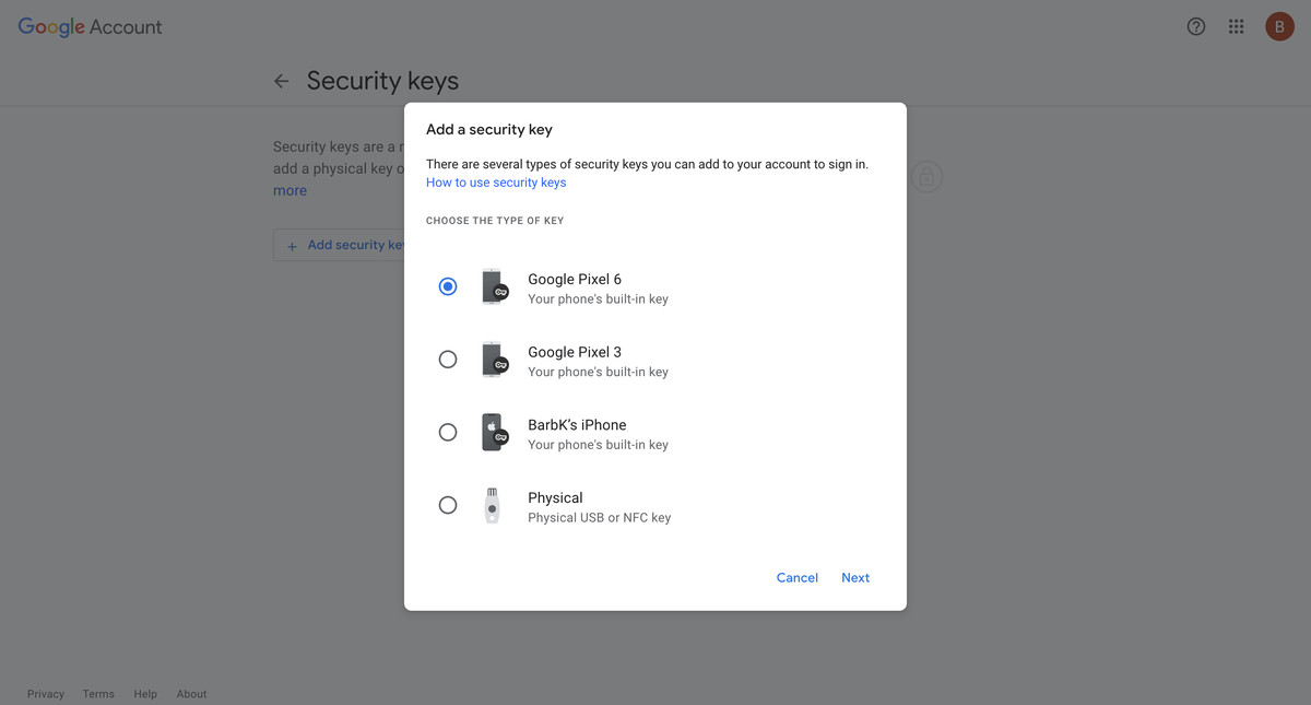 You can choose your phone, a USB drive or an NFC key to act as a security key.