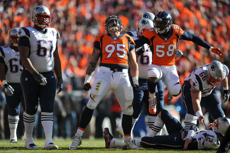 Derek Wolfe #95 and Von Miller #58 of the Denver Broncos celebrate after Wolfe sacked Tom Brady #12 of the New England Patriots in the AFC Championship game at Sports Authority Field at Mile High on January 24, 2016 in Denver, Colorado.