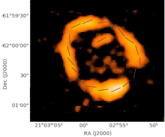 Lines around the edge of the ORC show the direction of a magnetic field. A circular magnetic field like this indicates it has been compressed by a shock wave from the central galaxy.