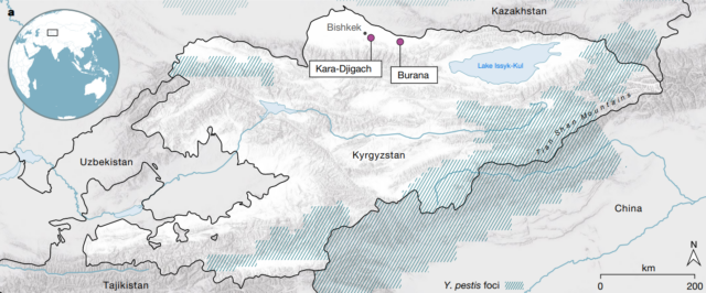 A map showing the locations of the Kara-Djigach and Burana cemeteries.