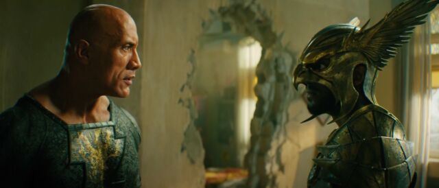 Black Adam and Hawkman, debating the ethics of heroes killing the bad guys.