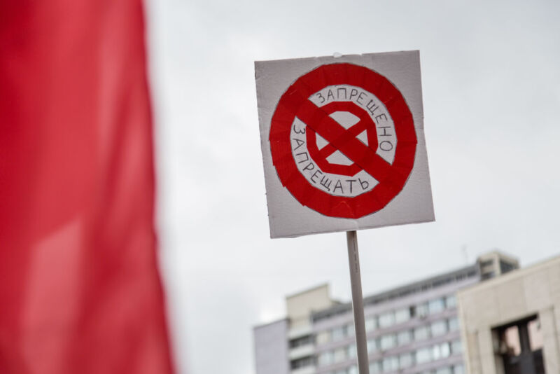 A placard seen being displayed during a 2019 protest against state Internet control in Russia. Displaying the placard now would likely land its wielder in prison.