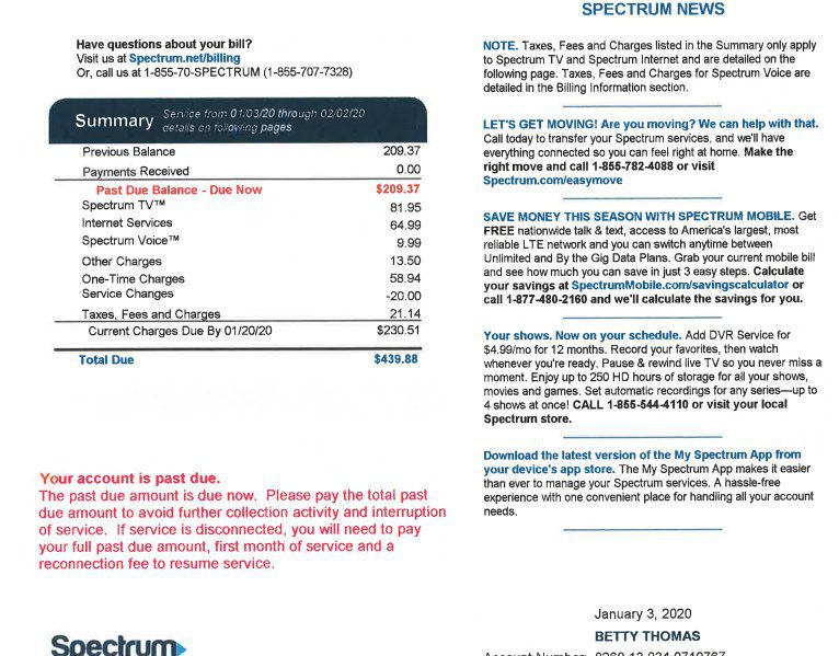 Charter Spectrum bill sent to Betty Thomas in 2020