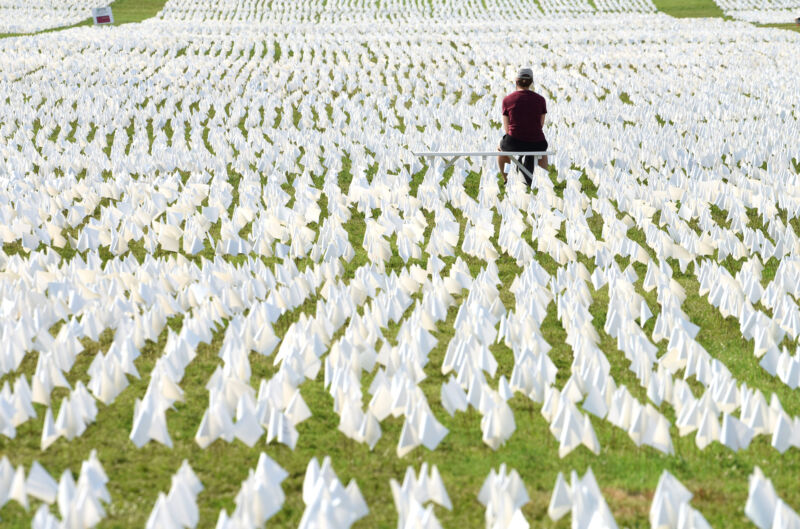 A woman watches white flags on the National Mall on September 18, 2021, in Washington, DC. Over 660,000 white flags were installed here to honor Americans who have lost their lives to COVID-19. 