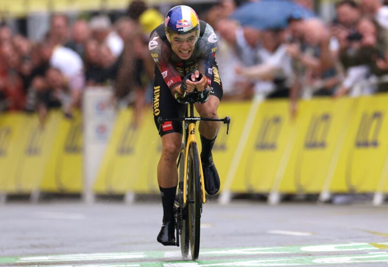 Jumbo-Visma team's Belgian rider Wout Van Aert cycles to the finish line during the first stage of the 109th edition of the Tour de France cycling race in Copenhagen, Denmark, on July 1, 2022.