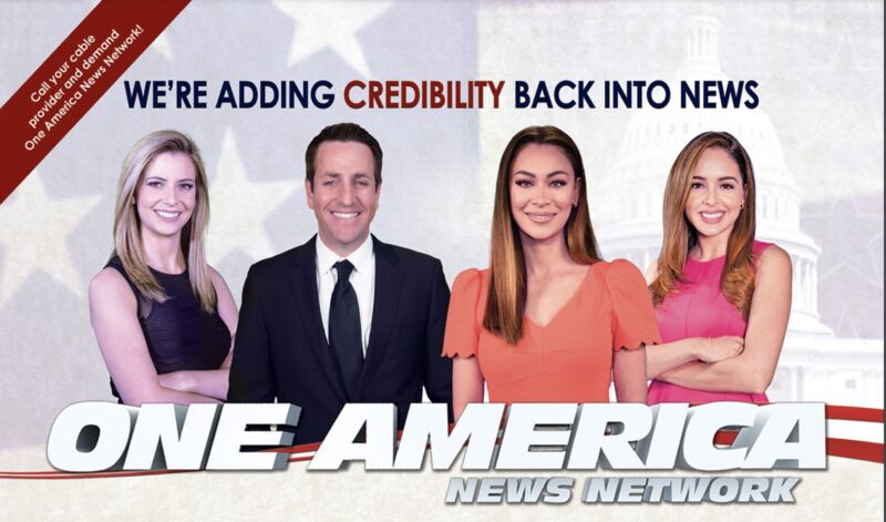 One America News Network promotional item featuring a picture of four newscasters; text that says, 
