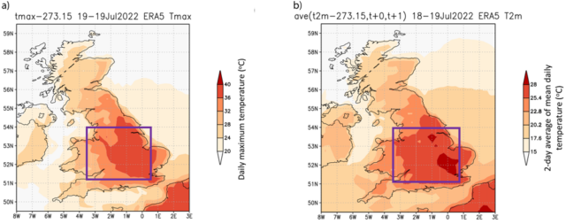 Maximum temperature (left) and two-day-average temperature (right), with the area analyzed outlined by a box.