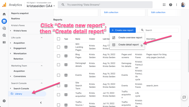 Steps for creating an SEO landing page report in GA4.