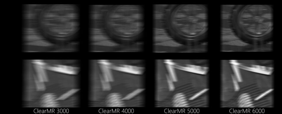 A rolling wheel in the rain (top) and napkin and knife in a kitchen (bottom) displayed at different ClearMR performance levels.