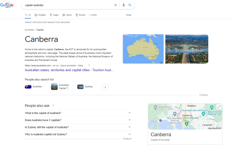 "Canberra" as an entity related to "Australia" in Google Search.