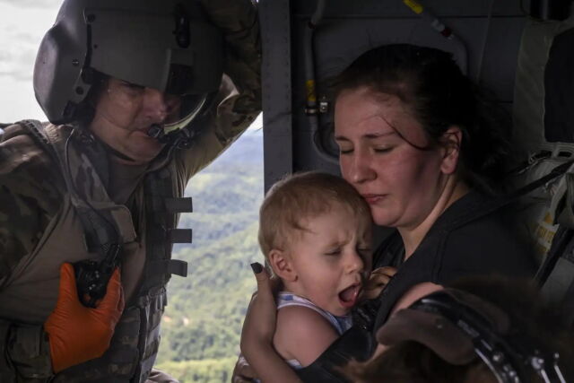 A family had to be airlifted from their home in eastern Kentucky after it was surrounded by floodwater in July 2022.