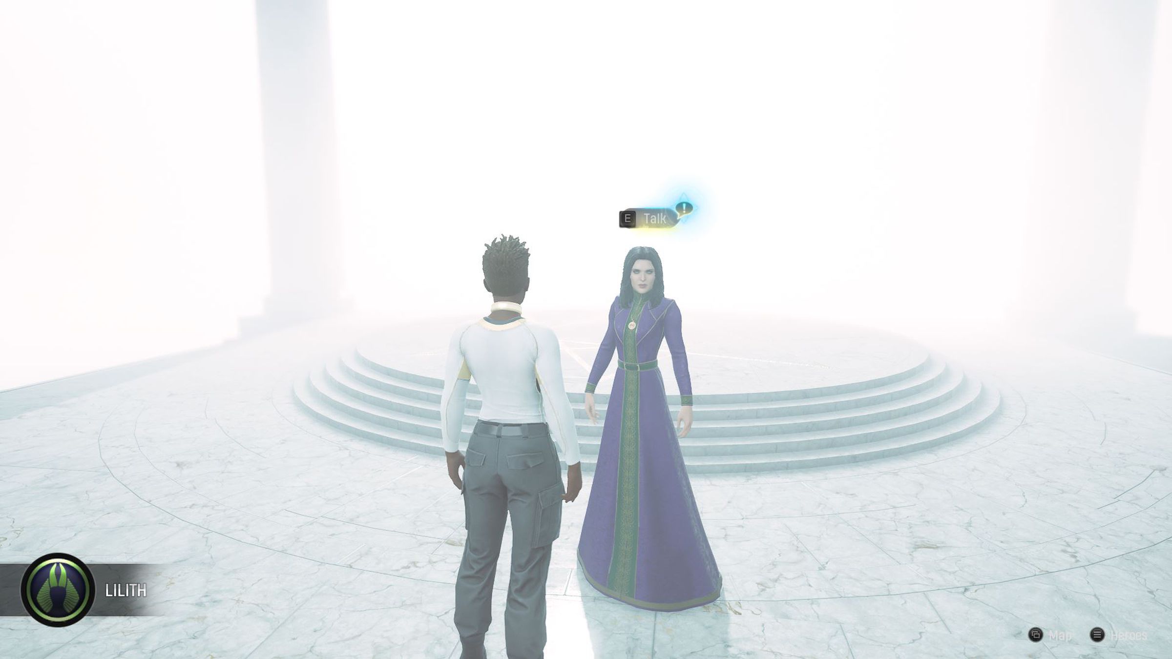 Screenshot from Midnight Suns featuring the Hunter player character that has been customized to be a Black woman with dreadlocks standing in front of her mother a Caucasian woman with black hair.