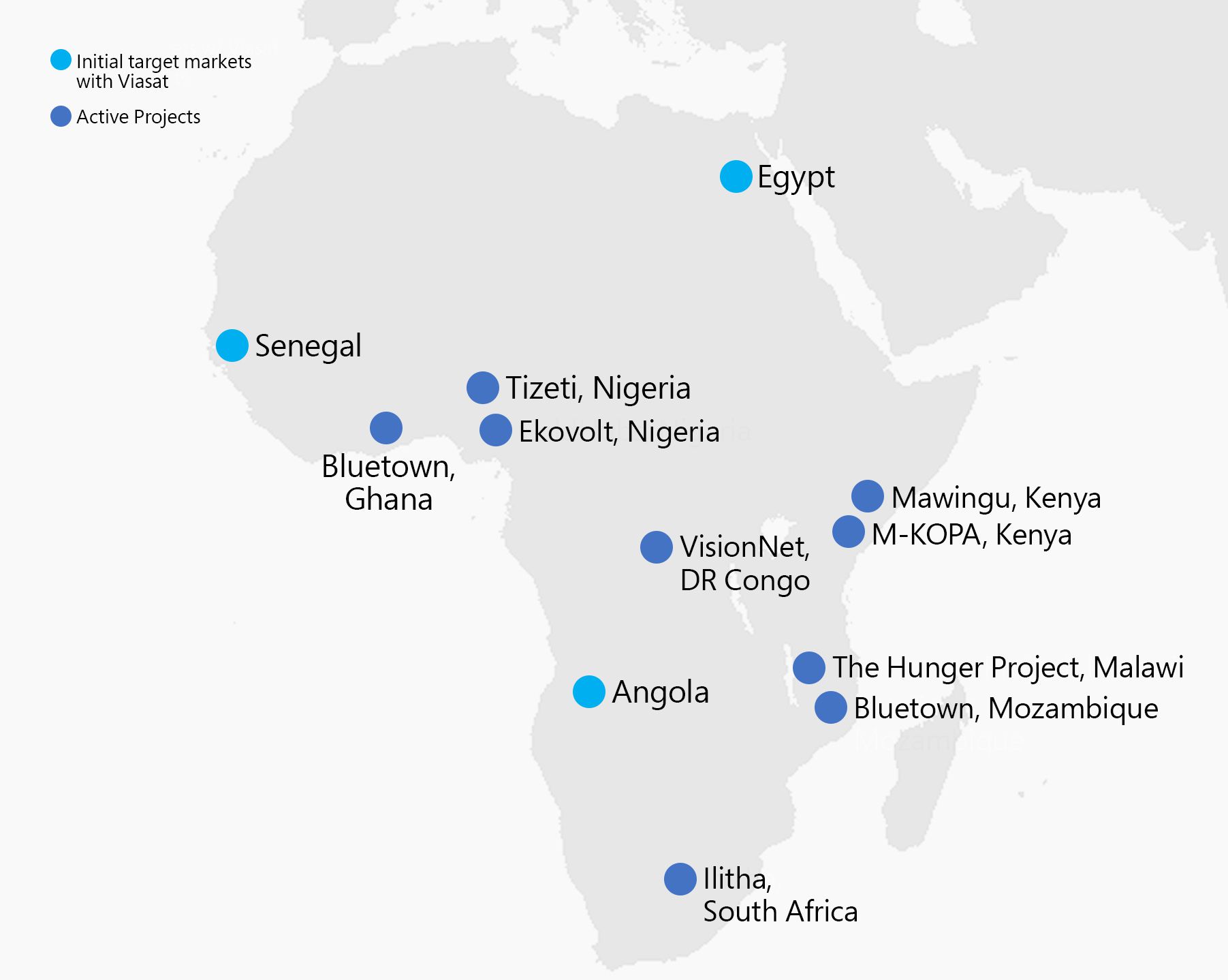 Map showing Africa, with dots on Senegal, Egypt, Ghana, Nigeria, Kenya, the DR Congo, Angola, Malawi, Mozambique, and South Africa.