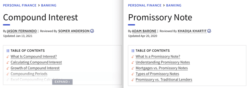 Table of contents for personal finance articles