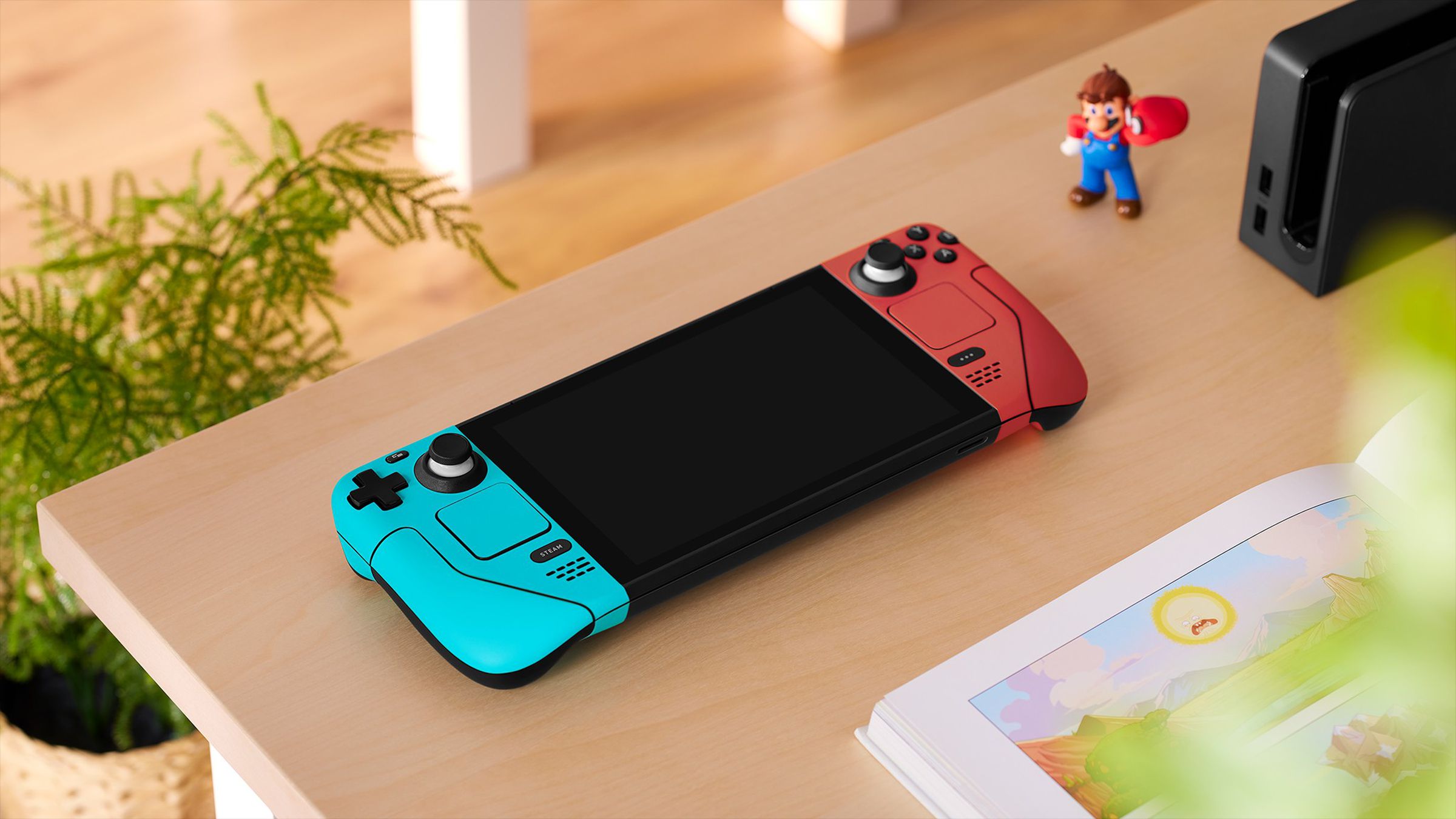 The red and blue grips are reminiscent of Portal... or one particular configuration of the Nintendo Switch.