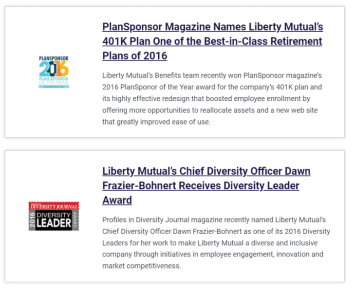 Liberty Mutual’s Awards page