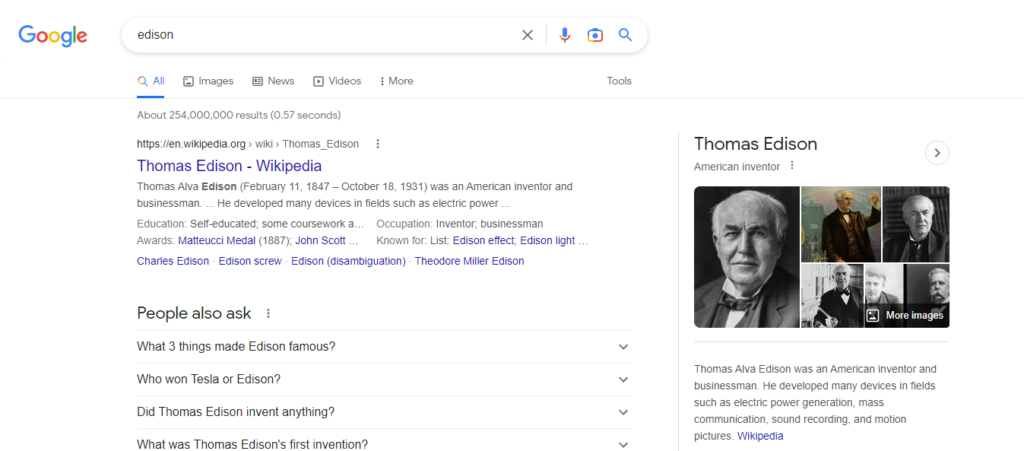Example of the search term Edison in Google and how RankBrain works