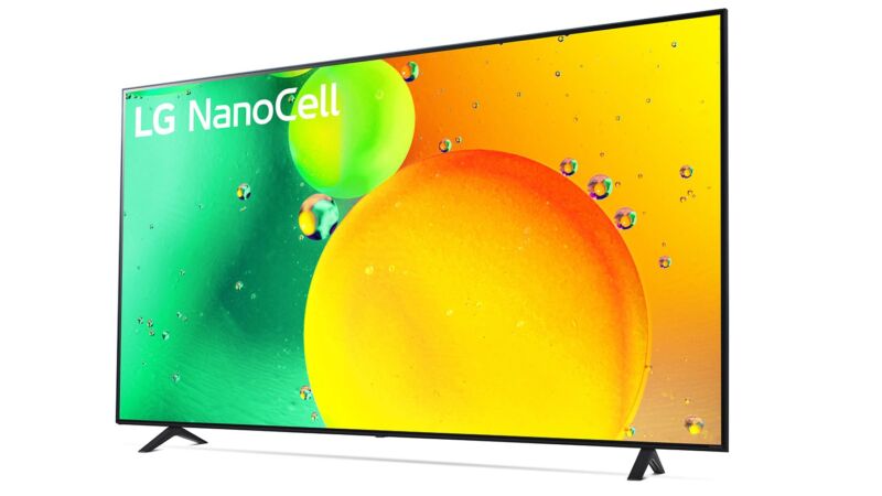 LG 86-inch TV (86NANO75UQA) on stand with white background