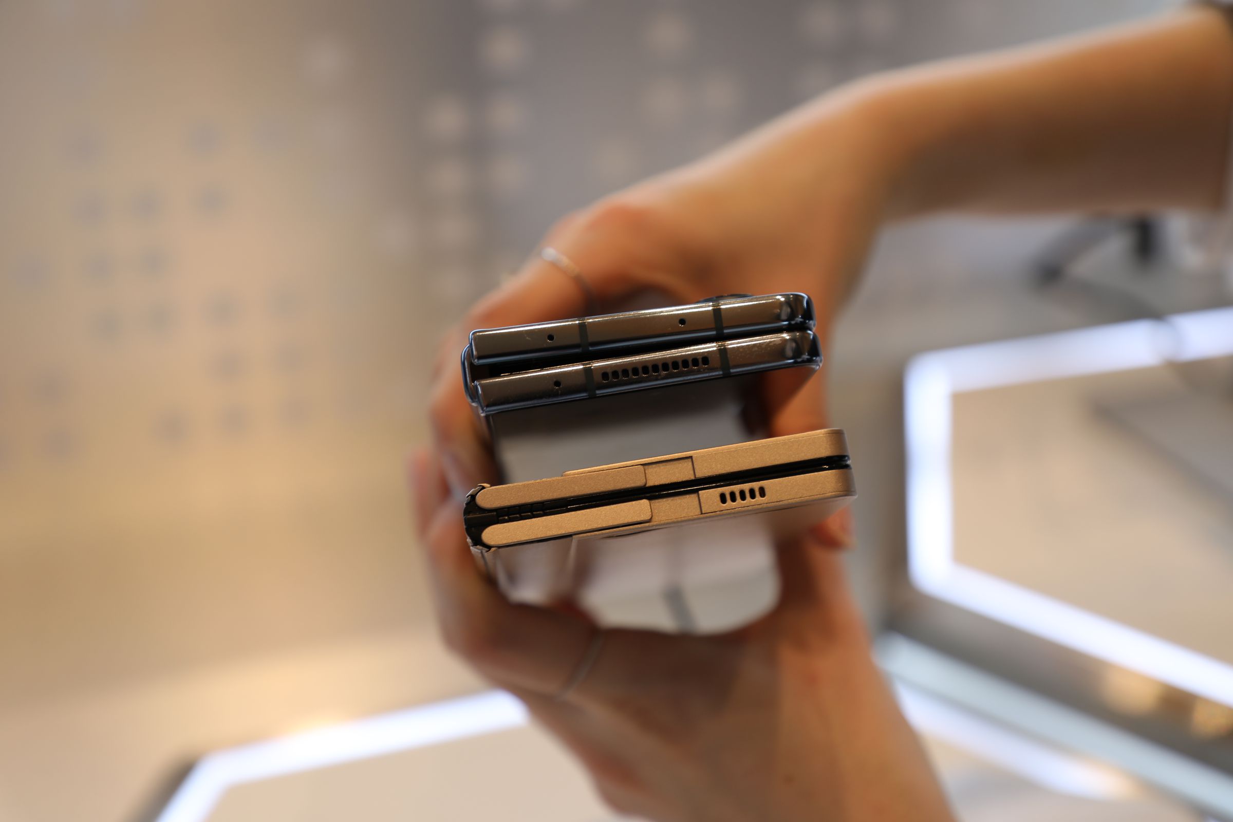 The new hinge (on the bottom) and a Samsung Galaxy Z Fold phone on top.