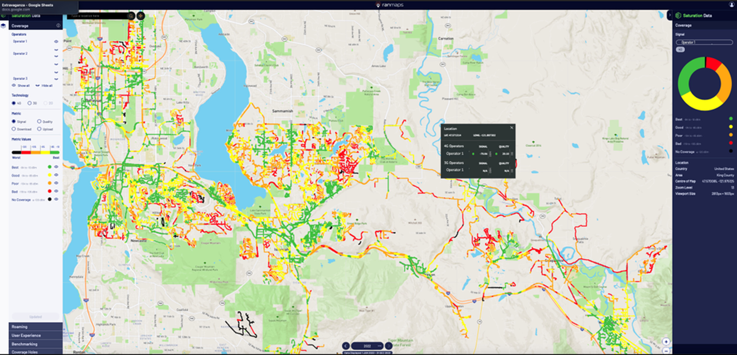 Image of a map showing the strength of cell signals in Seattle.