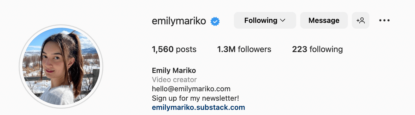 screenshot of emily mariko's IG bio