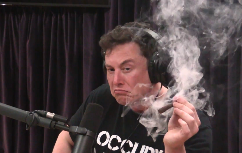 Then-future Technoking Elon Musk enjoying some cannabis on Joe Rogan's podcast.