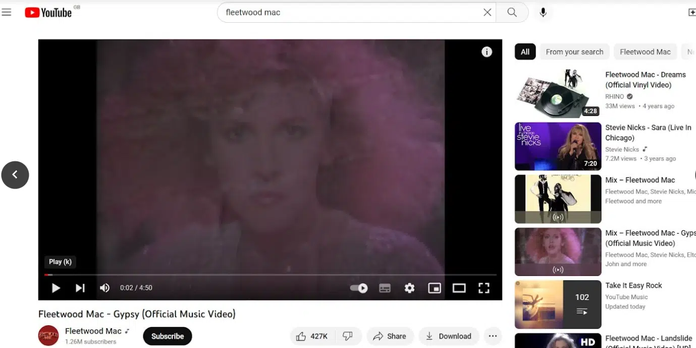 Screenshot shows the recommended videos on YouTube. The search term is ‘fleetwood mac' and YouTube shares music videos and songs by the band and its members. 