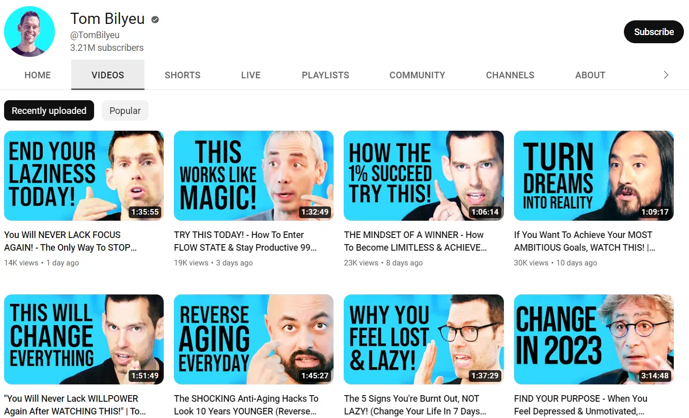 Screenshot from Tom Bilyeu's YouTube channel shows a clear thumbnail template. Text on the left and a clear image of the person interviewed on the right.