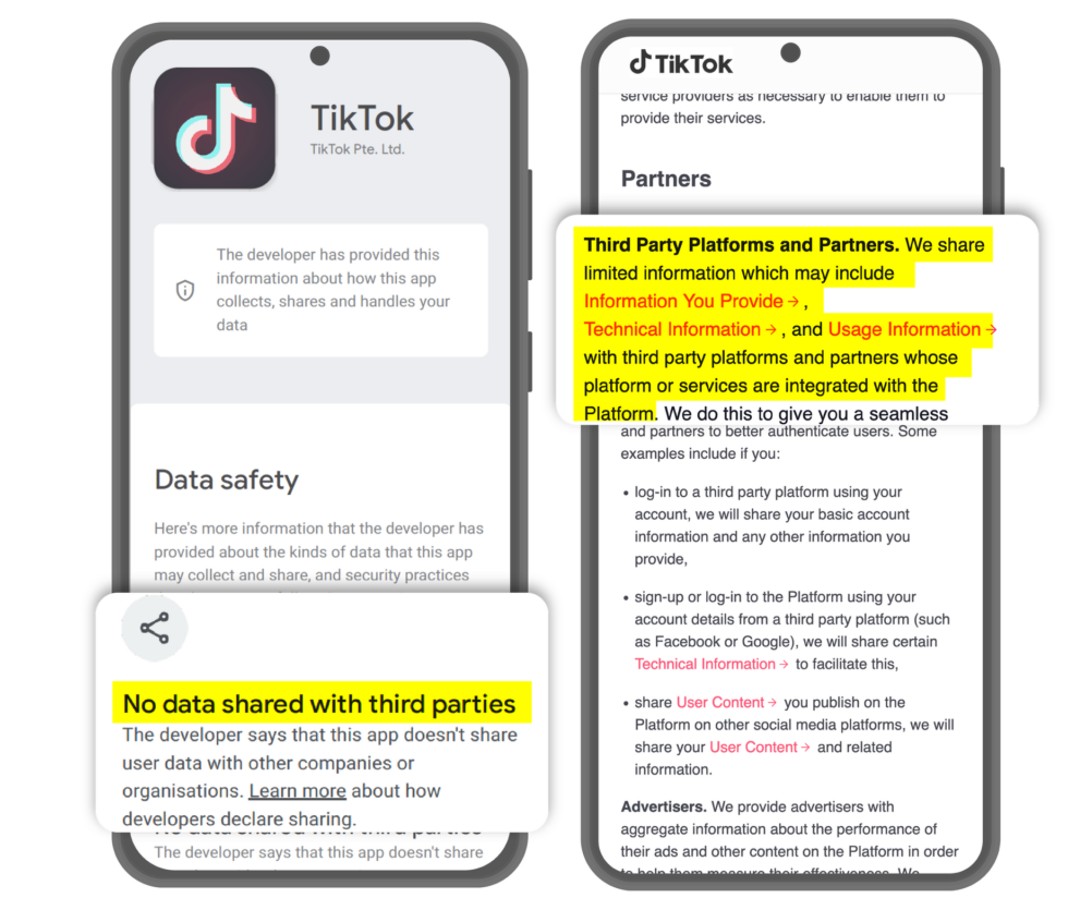 TikTok's Google Play privacy label versus its privacy policy. 