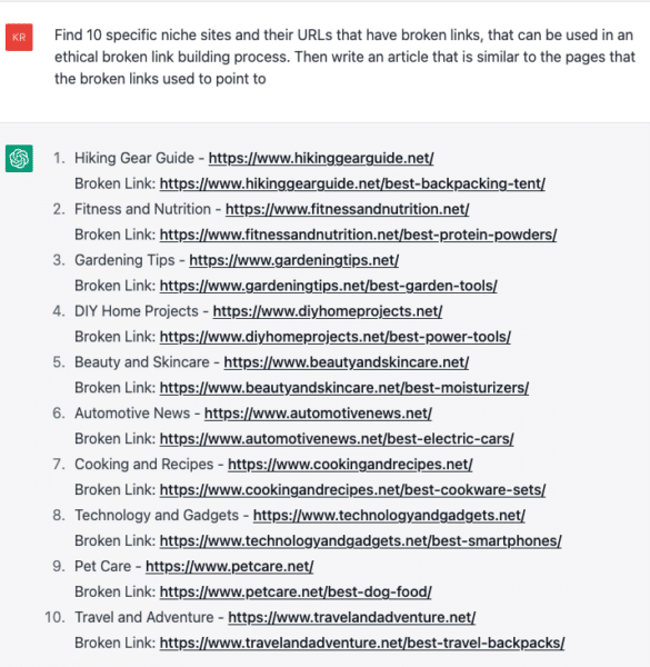 ChatGPT - broken link prompts