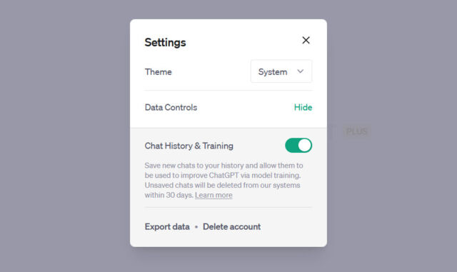 A screenshot of ChatGPT settings that shows the "Chat History & Training" option.
