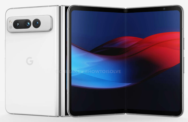 OnLeaks' Pixel Fold render from December. The cluster of holes on the rear camera bar is interesting, as is the interior camera, which lives in a thick display bezel. 