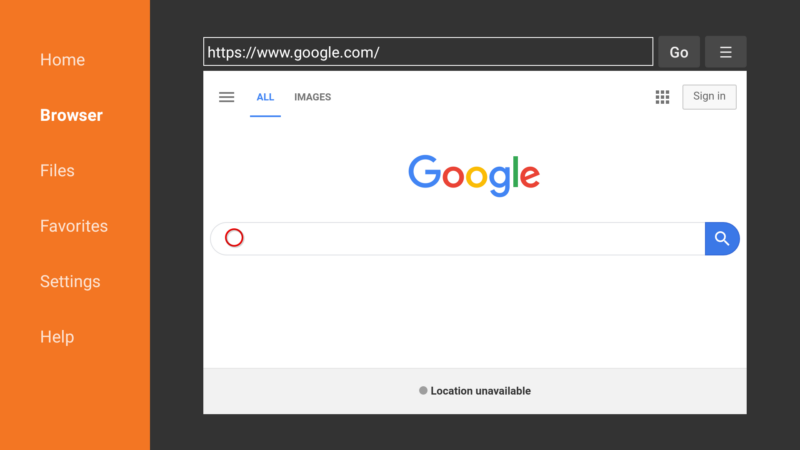 Screenshot of the Google home page displayed on Downloader, an Android app with a built-in browser.