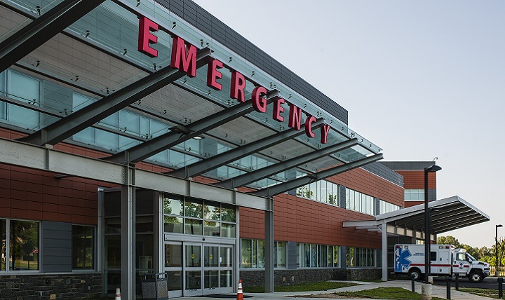 Exterior entrance to hospital.