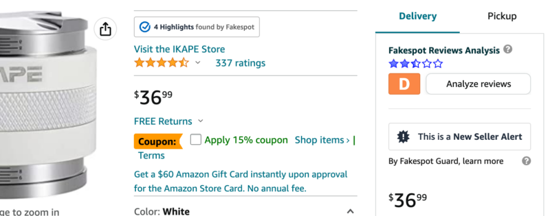 Amazon product page with Fakespot analysis