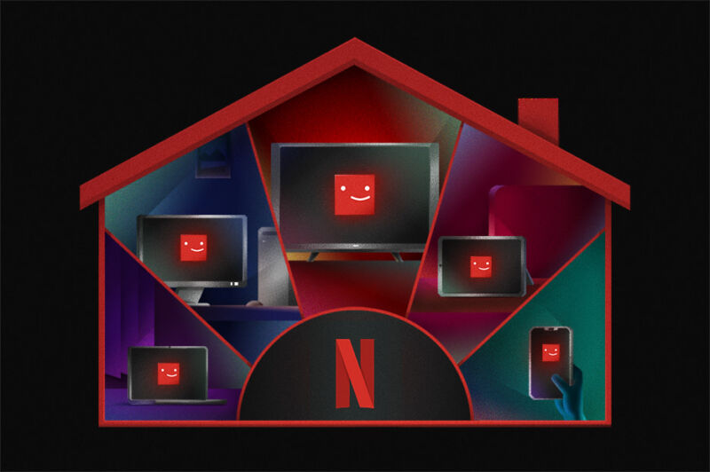 Illustration of a house with a Netflix logo and several TV screens.