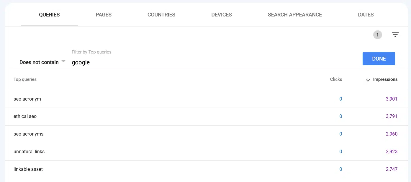 GSC - filtered Top queries