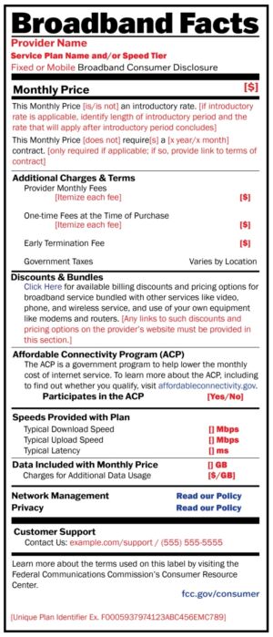 Broadband label that ISPs will be required to display to consumers at the point of sale.