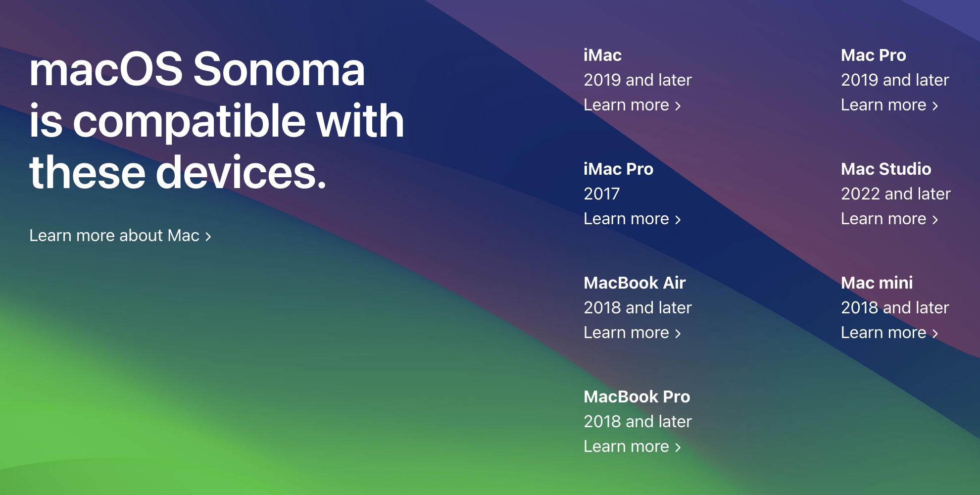 The full macOS Sonoma support list.