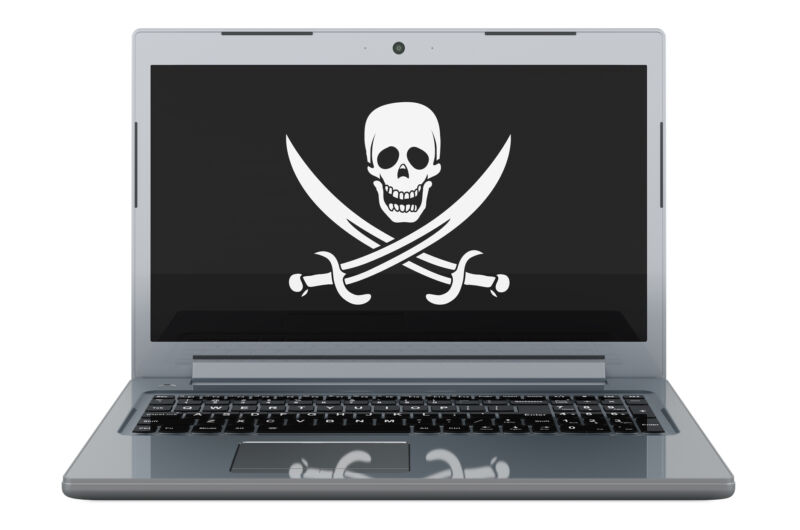 Illustration of a laptop with the skull-and-crossbones pirate symbol on the screen.