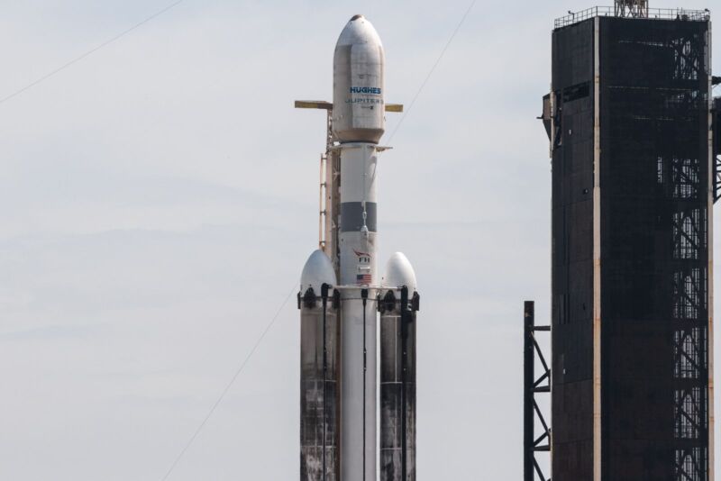 SpaceX's Falcon Heavy rocket stands on Launch Complex 39A at NASA's Kennedy Space Center before the launch of the Jupiter 3 communications satellite. 