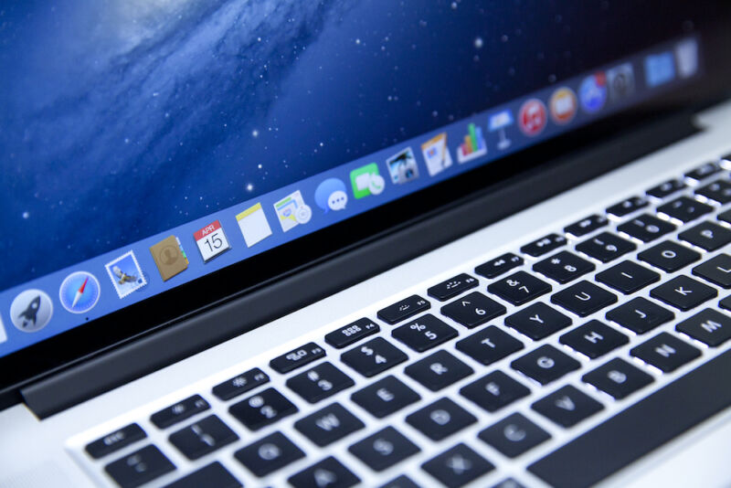 Close-up photograph of a Macintosh laptop keyboard.