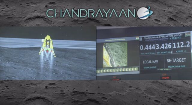 This graphic displayed on the official live webcast of the Chandrayaan 3 landing shows an illustration of the spacecraft on the left and altitude and descent rate data on the right. 