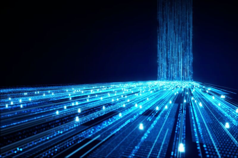 An abstract illustration shows flowing lines to data to represent a broadband network.