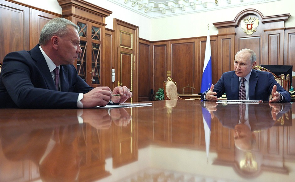 Vladimir Putin meets with Roscosmos Director General Yuri Borisov on June 30, 2023.