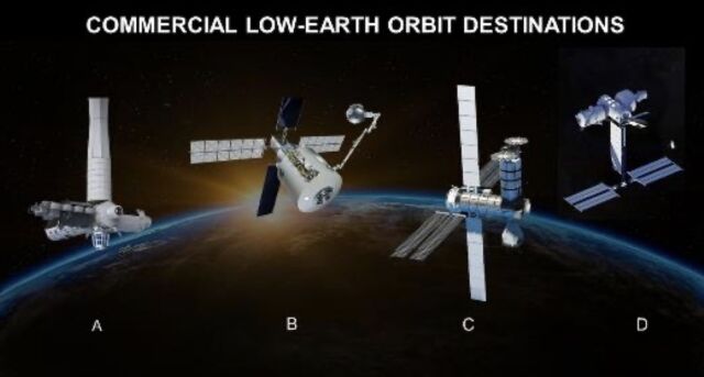 Artist's concepts of four private space station plans. From left to right: Axiom, Voyager, Northrop Grumman, and Blue Origin