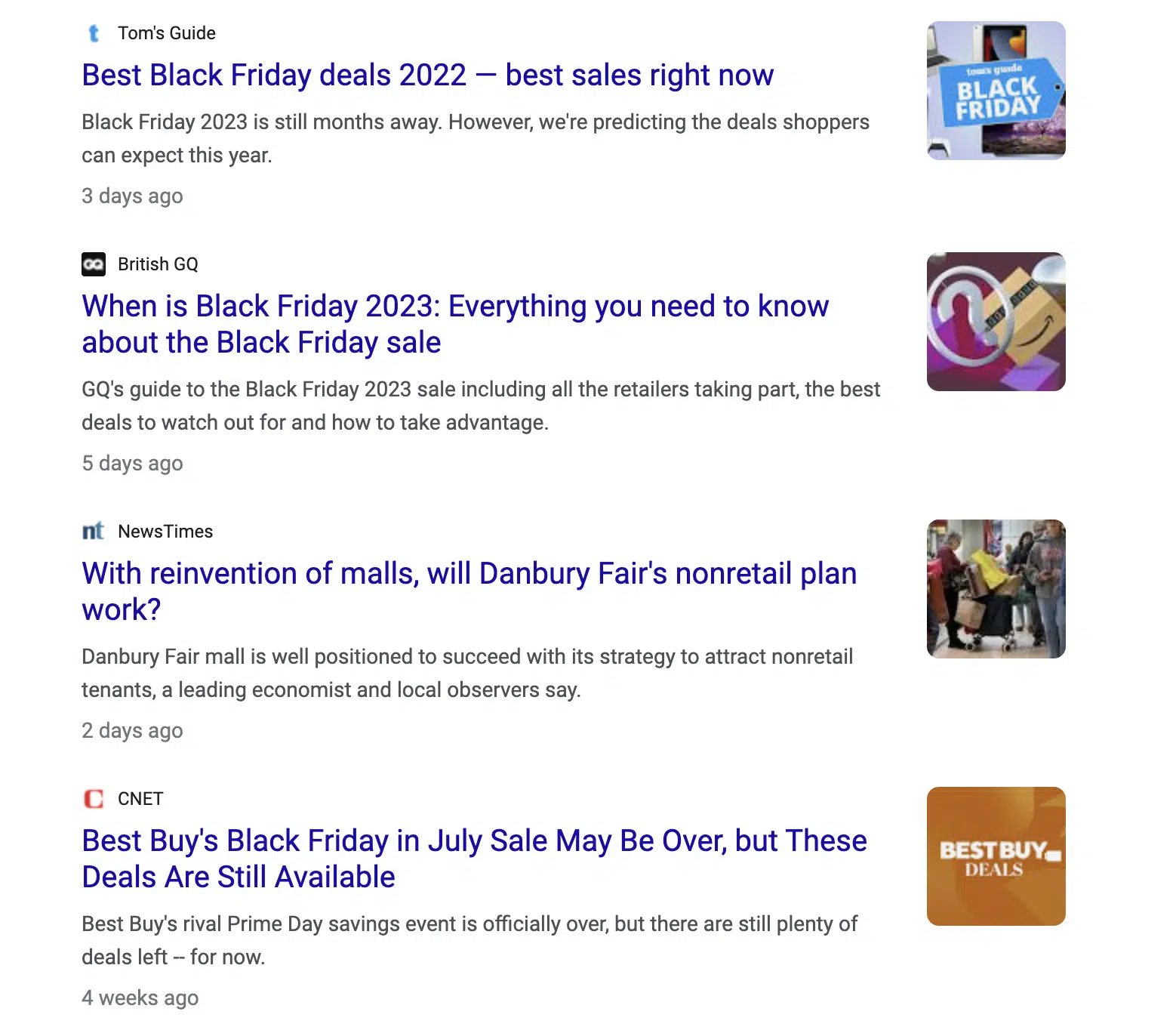 Google news results for “black friday” search in August 2023 in the US