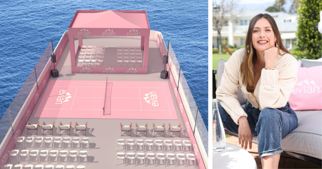 A pink evian tennis court on the deck of a Circle Line tourist boat alongside a photo of tennis star Maria Sharapova