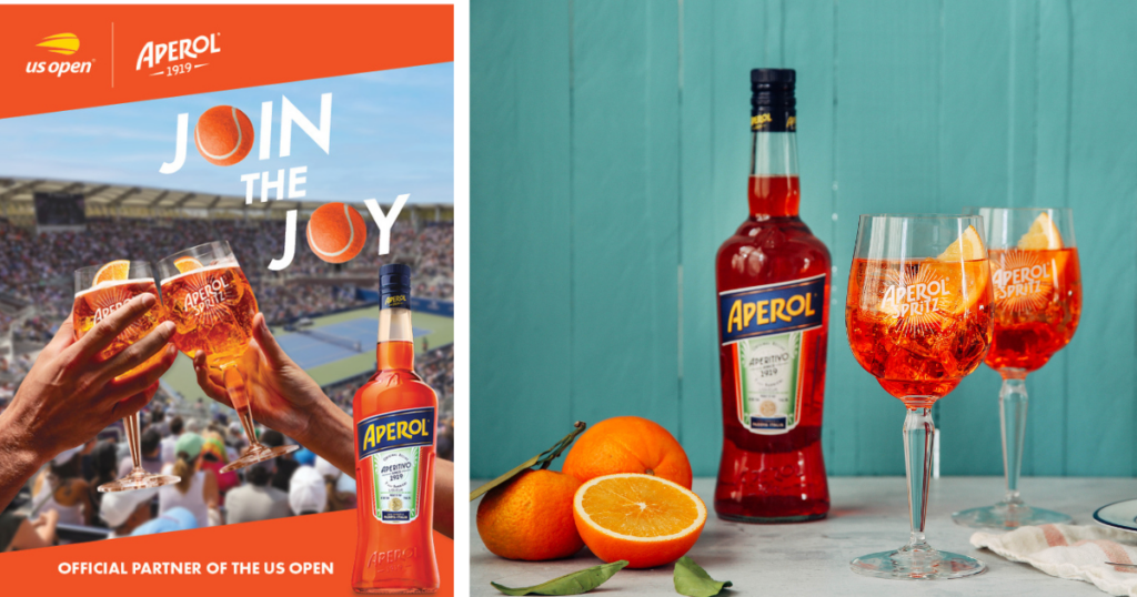 Campari Group's Aperol is show at the US Open and with oranges and in glasses as an Aperol Spritz cocktail